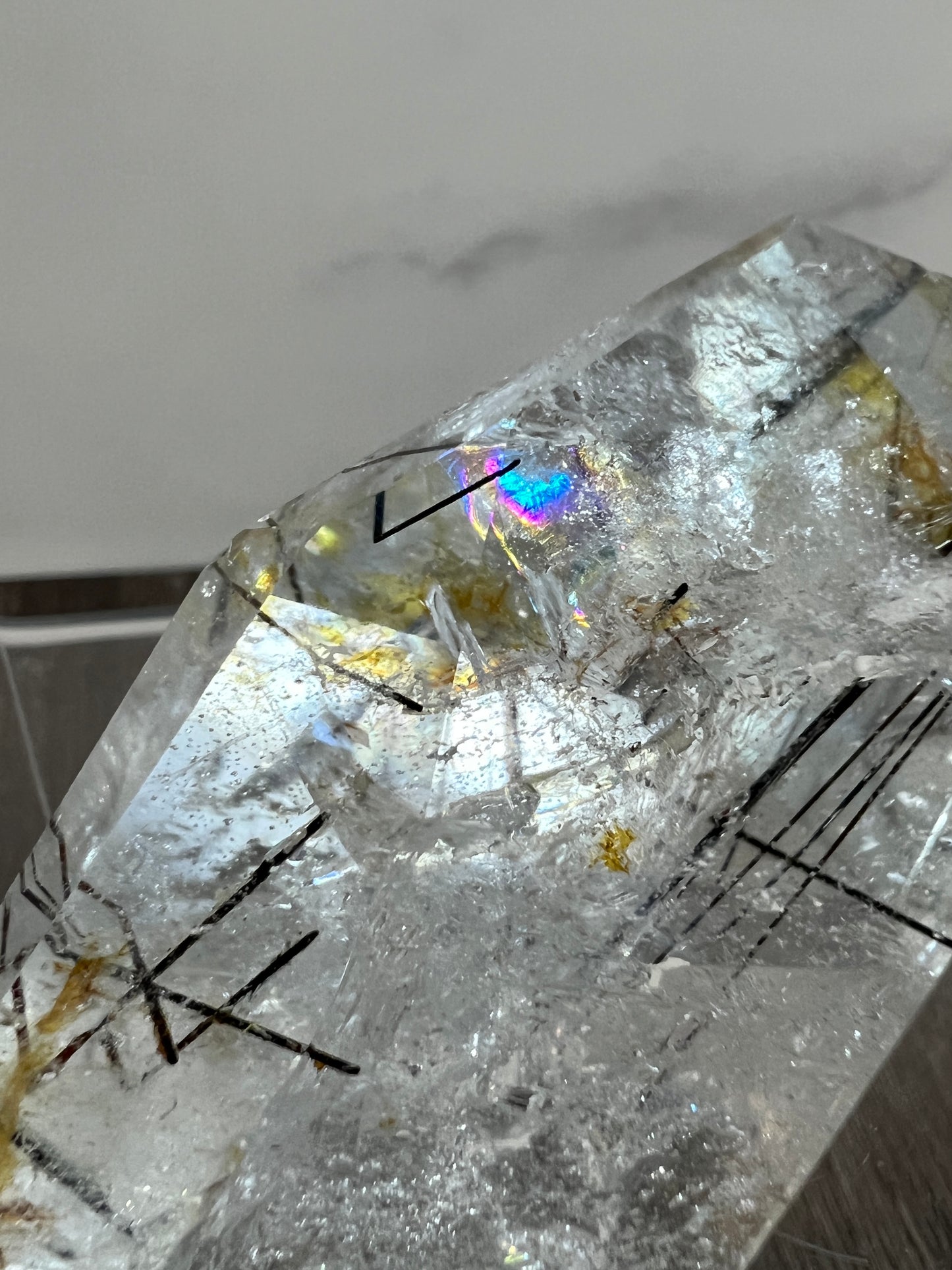 Tourmalinated Quartz Polished Freeform. Amazing Black Tourmaline, Golden Healer, And Large Rainbows.