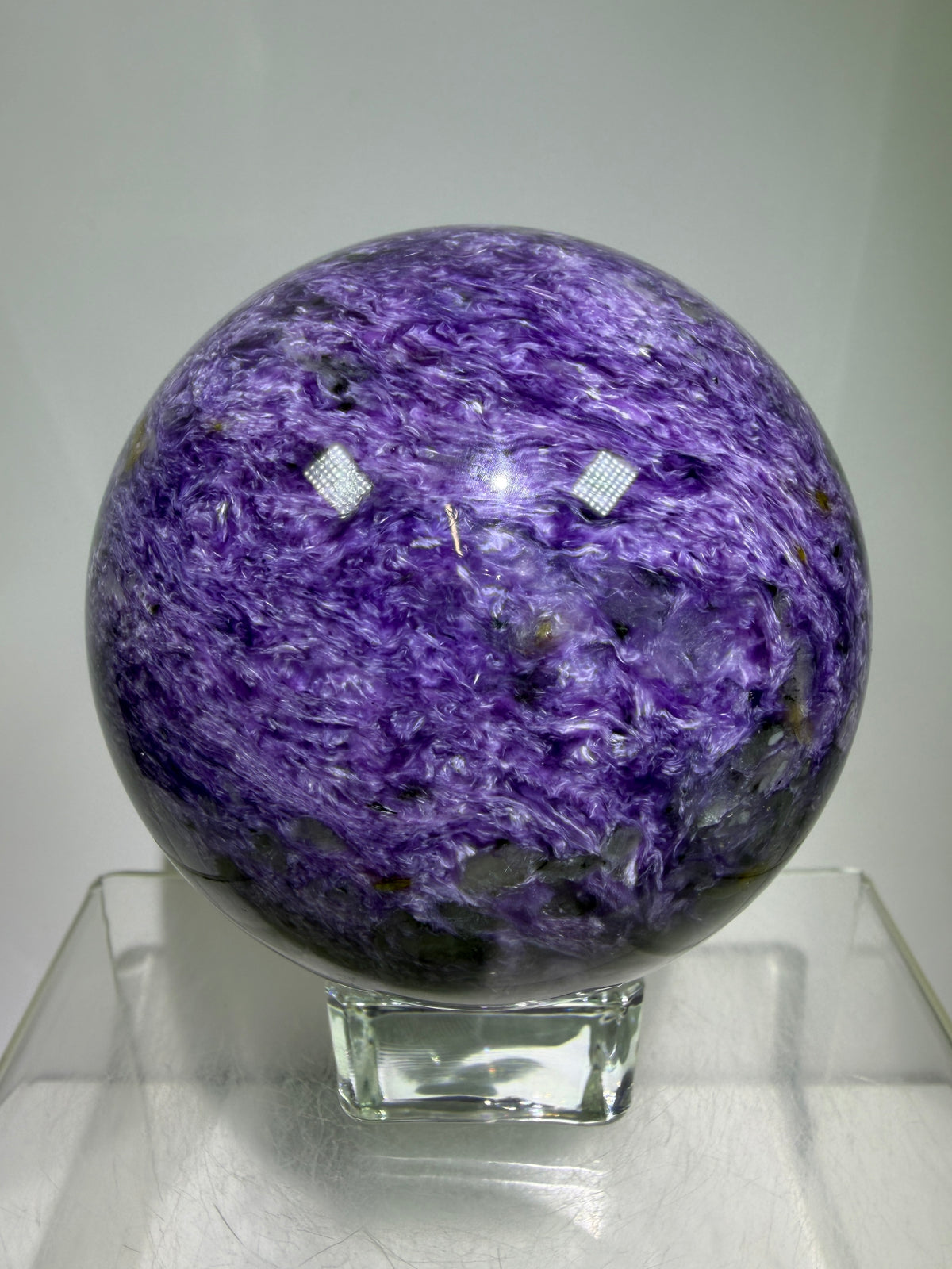 Charoite Crystal Sphere. 79mm. XL High Quality Stunning Crystal. Amazing Patterns And Flash. Gorgeous UV Reaction.
