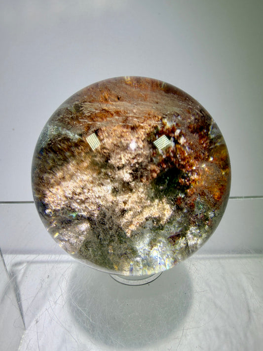 Garden Quartz Lodolite Sphere. High Quality Colorful Landscape. Beautiful Display Sphere