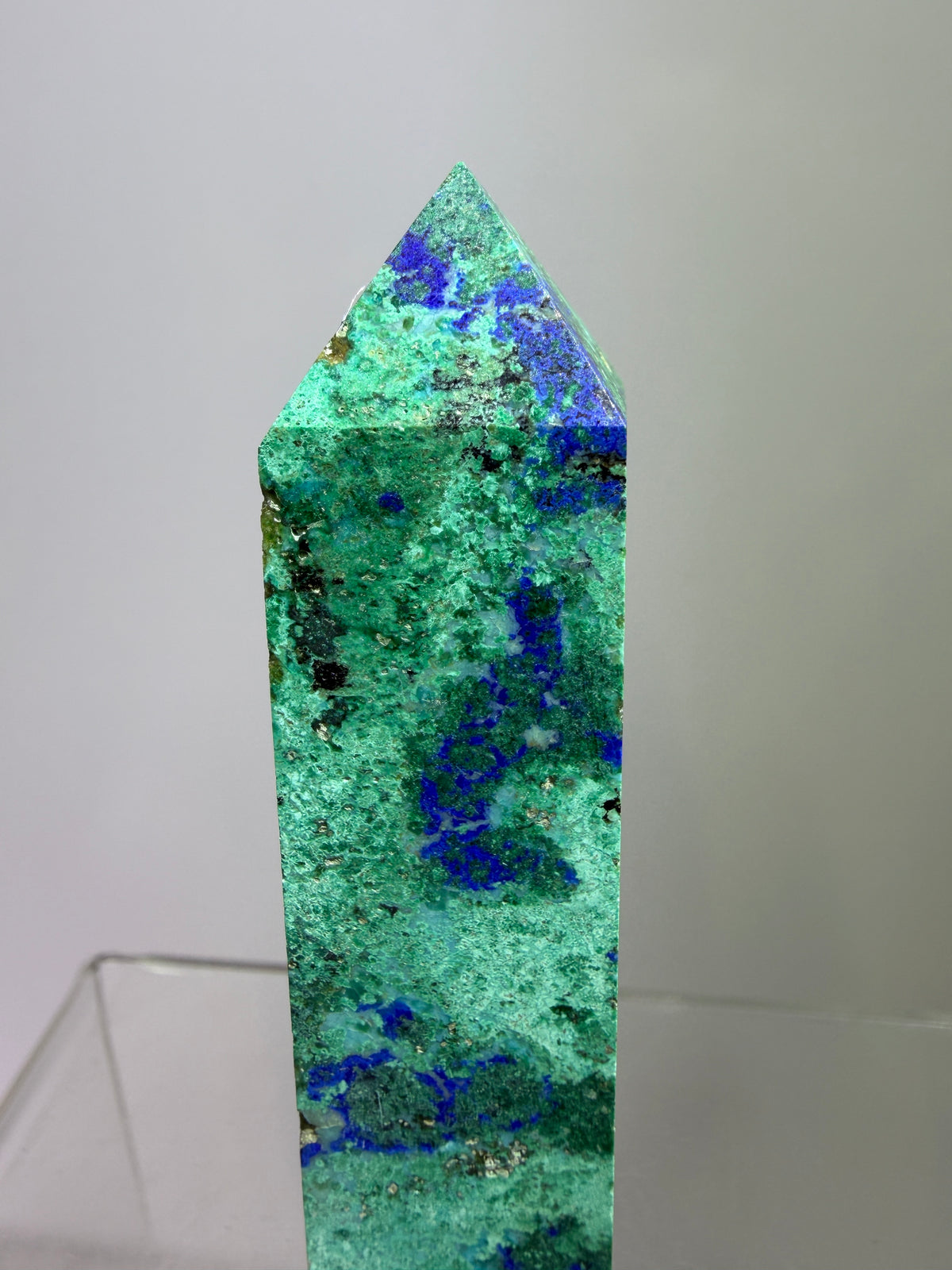 Azurite, Chrysocolla, And Malachite Druzy Tower. Rare And Beautiful Crystal Point.