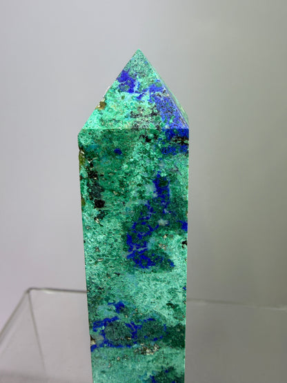 Azurite, Chrysocolla, And Malachite Druzy Tower. Rare And Beautiful Crystal Point.