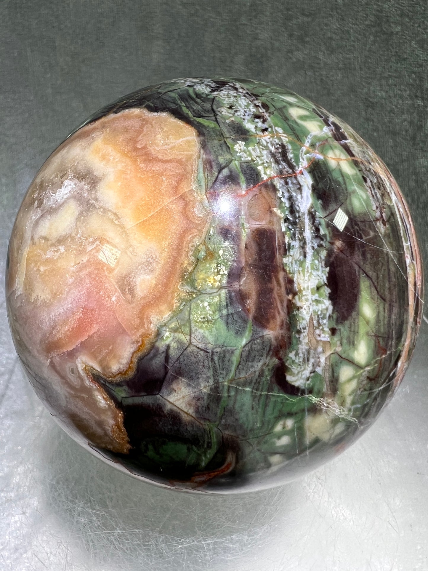 Money Agate Crystal Sphere. 78mm. Very Rare Shades Of Green. Stunning Indonesian Bloodstone. Amazing Colors And Patterns