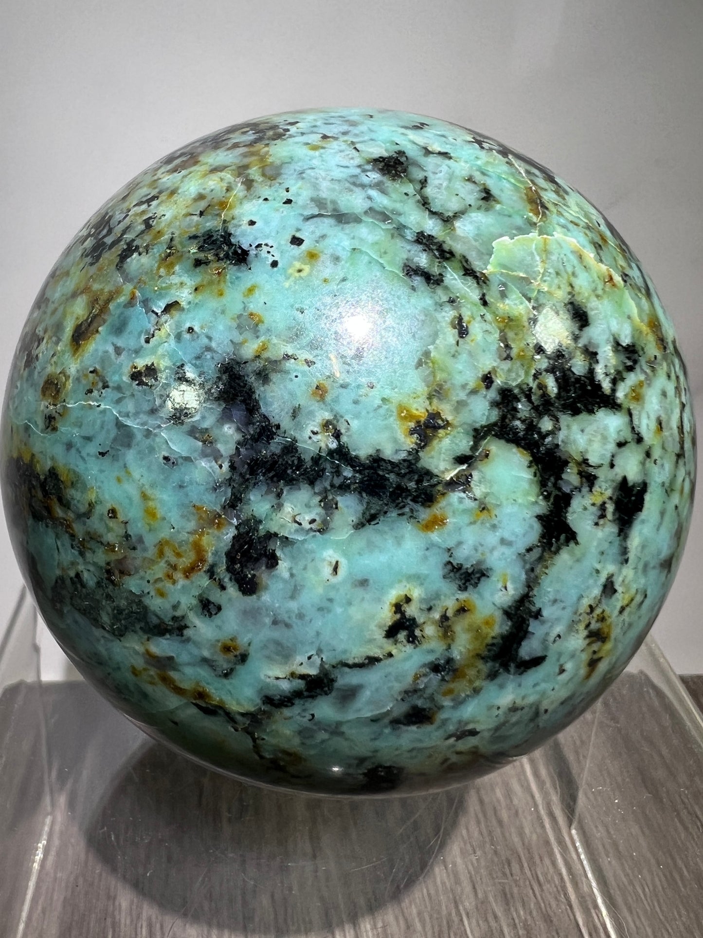 African Turquoise Crystal Sphere. 74mm. Incredible Chrysocolla From South Africa. Very Rare Display Sphere.