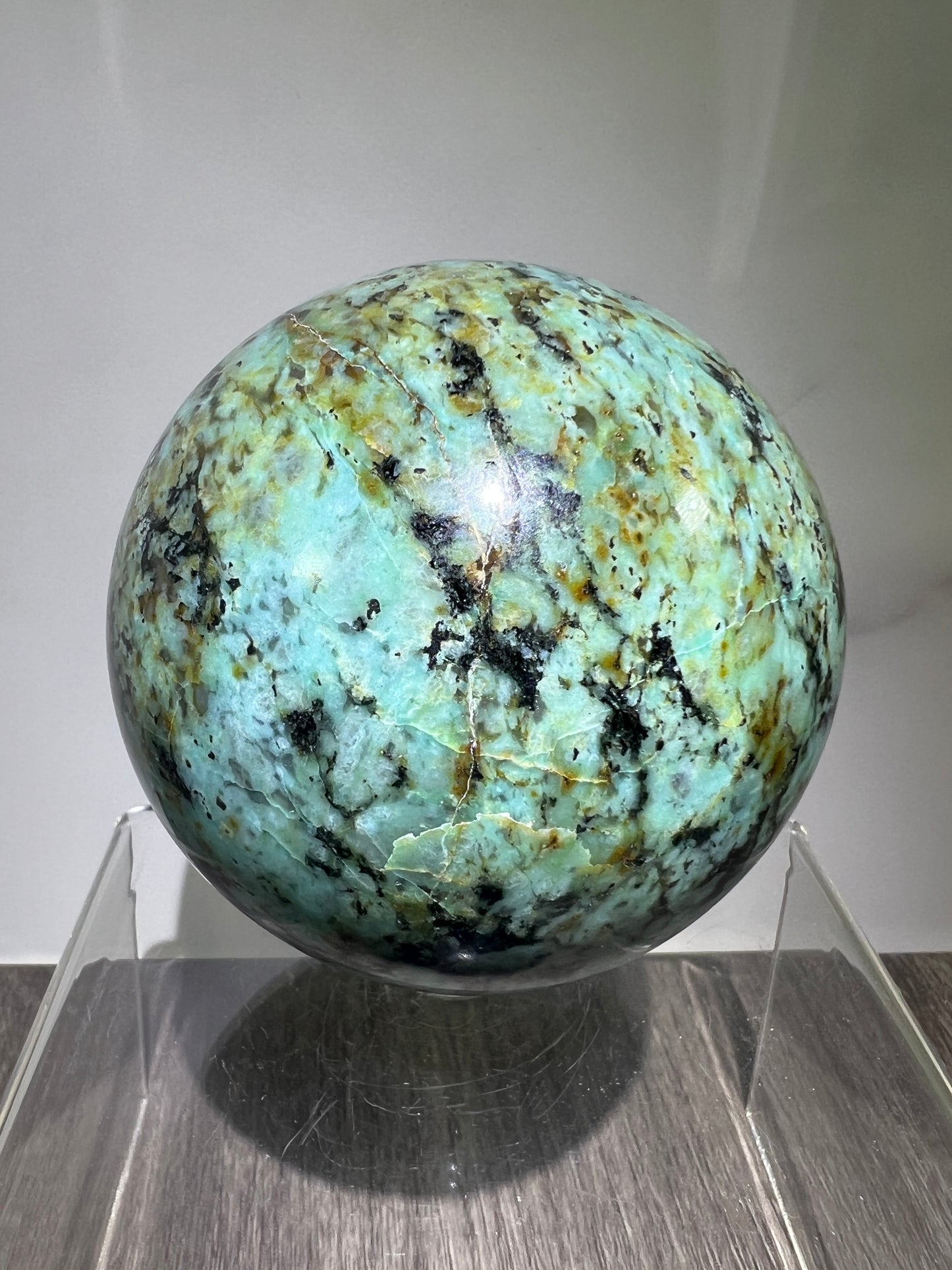 African Turquoise Crystal Sphere. 74mm. Incredible Chrysocolla From South Africa. Very Rare Display Sphere.