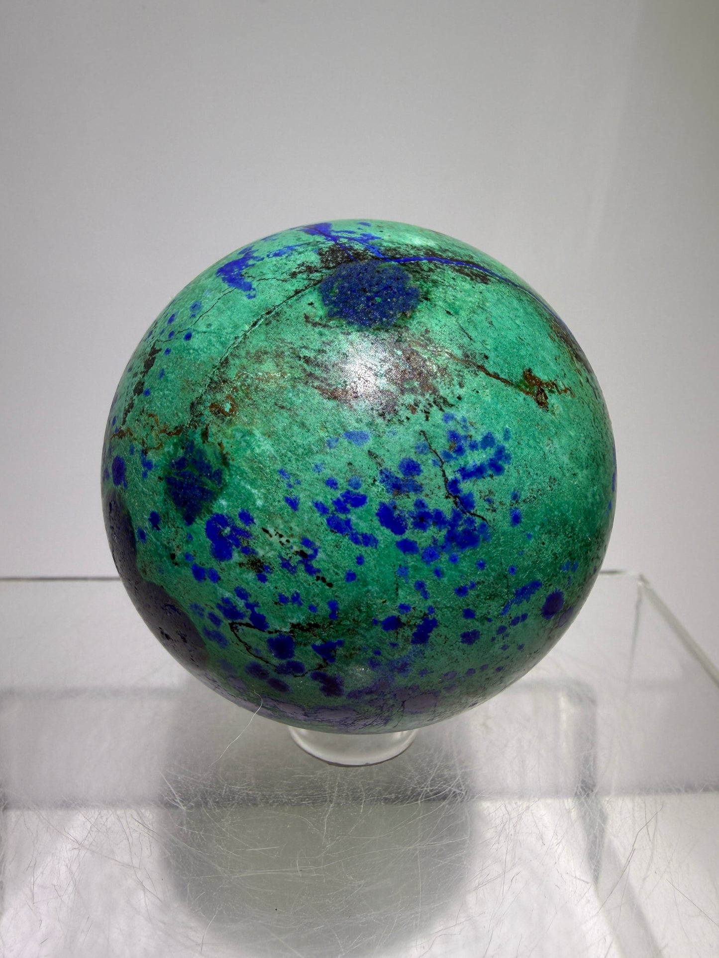 Azurite and Malachite Crystal Sphere. 56mm. Beautiful Deep Colors And Patterns. Stunning Rare Display Piece!