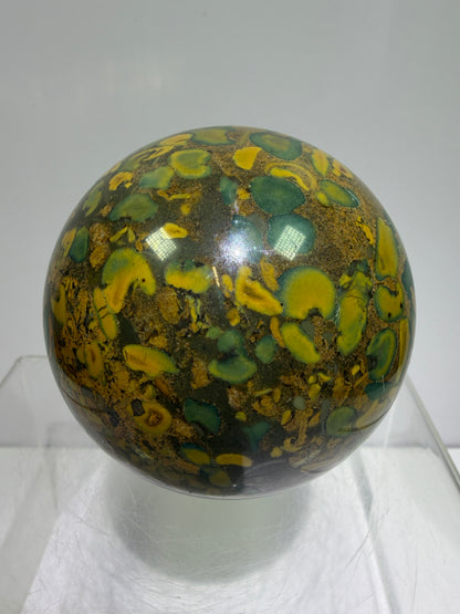 Fruit Jasper Sphere: 68mm Gorgeous Ajooba Jasper Sphere From India. High Quality Colorful Crystal