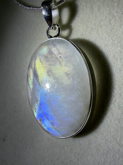 Rainbow Moonstone Crystal Pendant. Beautiful S925 Silver Crystal Jewelry. Amazing Colors With Great Flash!