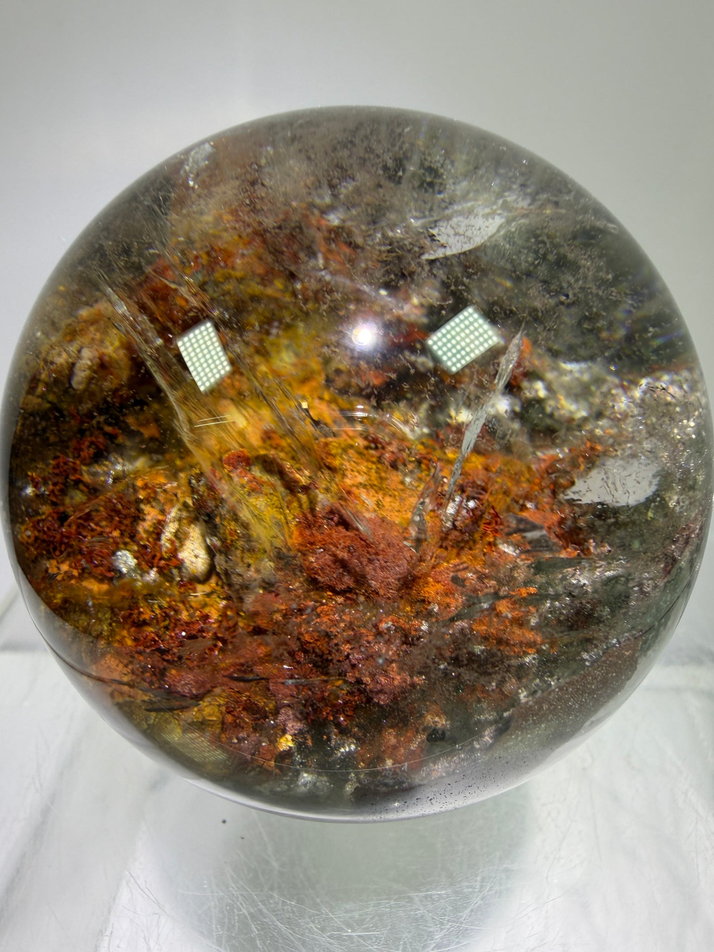 Garden Quartz Lodolite Sphere. 57mm. Orange And Red Colorful Landscape. High Quality With Rare Colors!