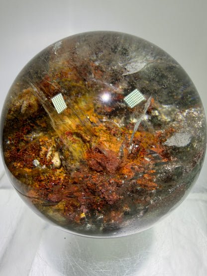 Garden Quartz Lodolite Sphere. 57mm. Orange And Red Colorful Landscape. High Quality With Rare Colors!