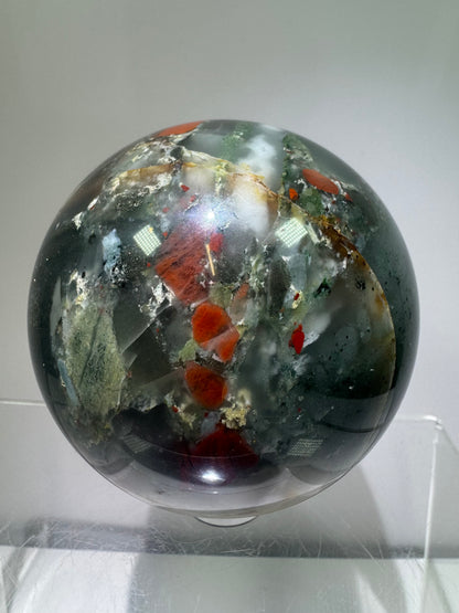 African Bloodstone Sphere From Swaziland. 66mm. Gorgeous Pyrite And Red Jasper Inclusions With Crazy Mosaic Patterns And Colors.