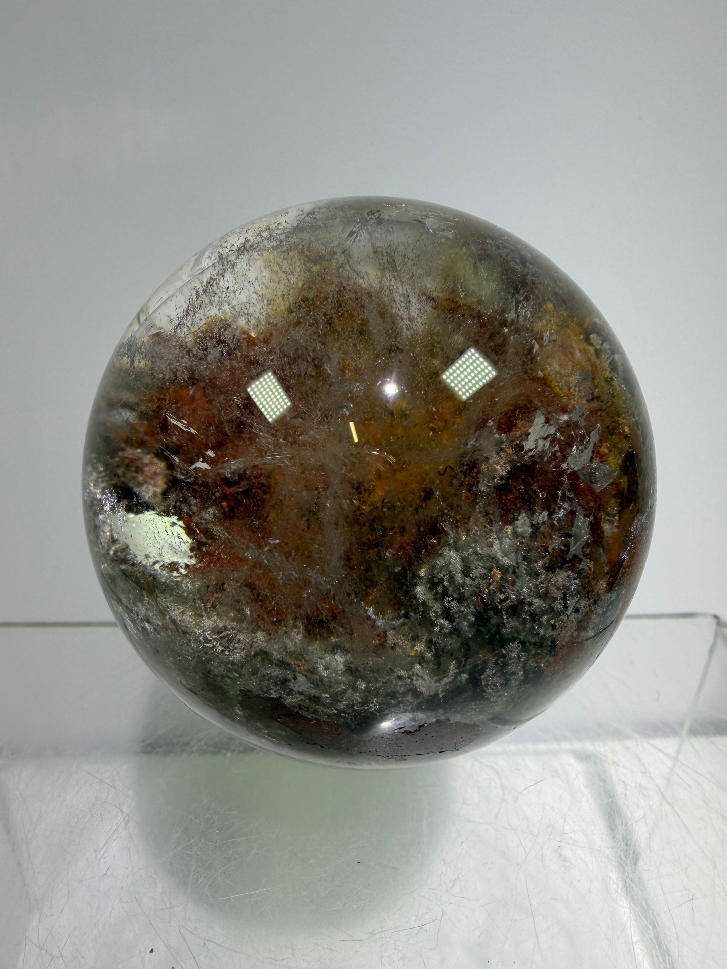 Garden Quartz Lodolite Sphere. 57mm. Orange And Red Colorful Landscape. High Quality With Rare Colors!