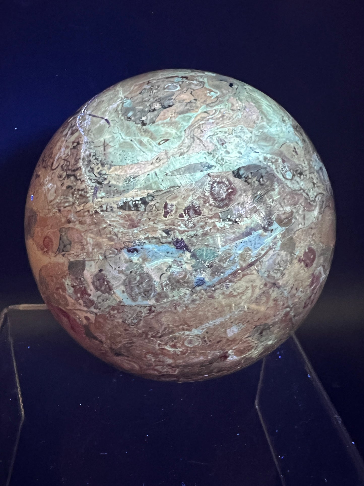 Fire Calcite Crystal Sphere. 76mm. Amazing New Material. Beautiful Large Display Sphere With Nice UV Reaction.