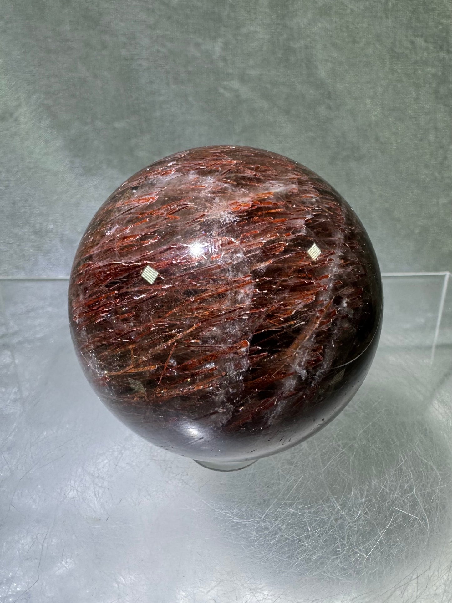 Tourmalinated Quartz Sphere. 54mm. Gorgeous Red Tourmaline Inclusions. Unique And Rare Display Sphere.