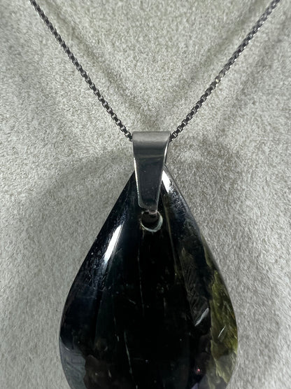 Epidote Teardrop Pendant. High Quality Gorgeous Epidote With Internal Fire From Peru. Amazing Yellow Flash. Includes S925 Silver Necklace.
