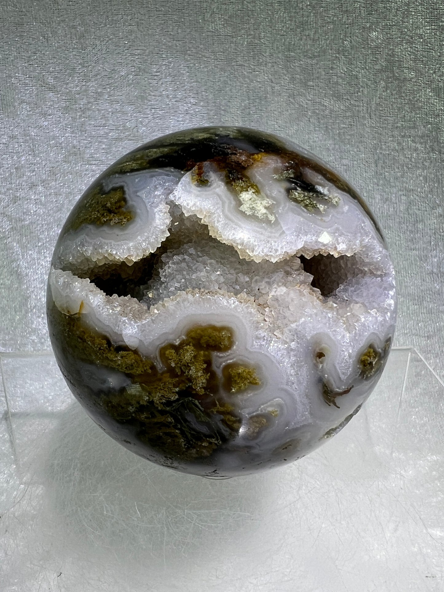 Moss Agate Sphere. 76mm. Amazing Druzy Scenic Moss Agate. Rare Colors With Gorgeous Patterns.