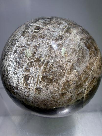 Black Moonstone Crystal Sphere. 55mm. Stunning Bright Silver Flash. High Quality Display Sphere