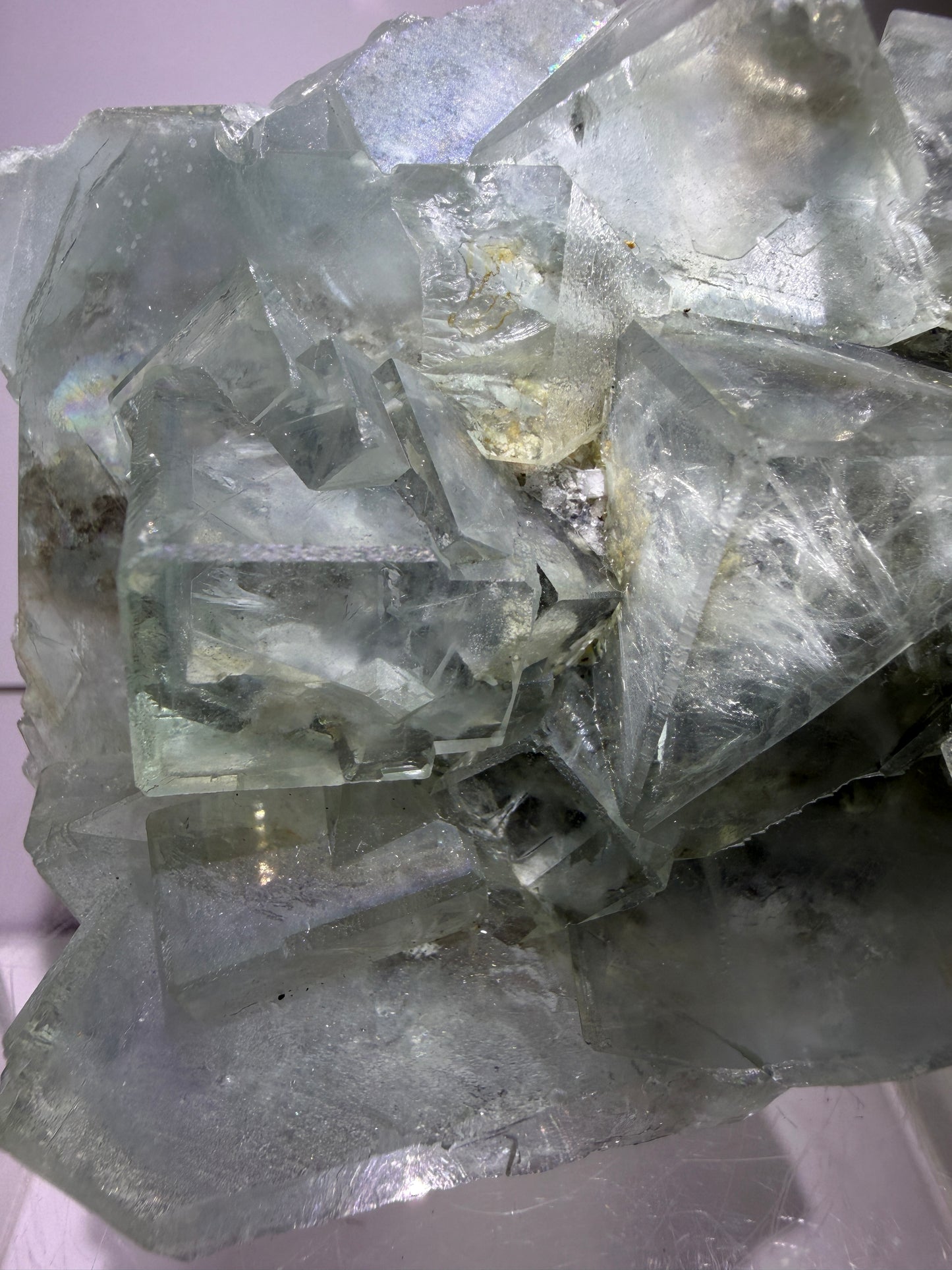 Fluorite Cubes Specimen With Iridescent Rainbows And Garden Inclusions. Gorgeous Rare Xianghualing Green Fluorite. Very Special Display Crystal