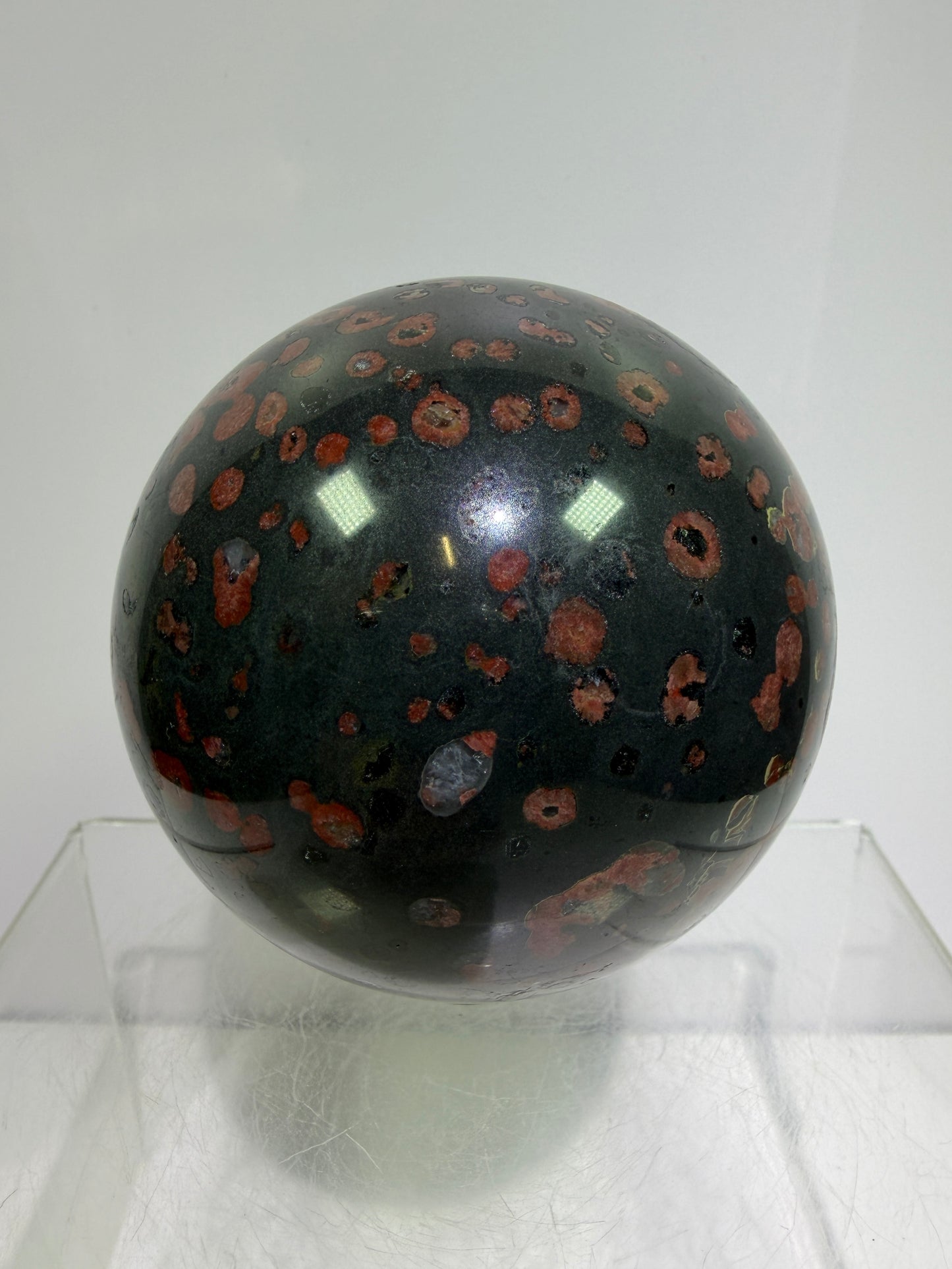 Plum Blossom Jade Sphere: 72mm. Gorgeous Large Display Sphere. Beautiful Color Contrast