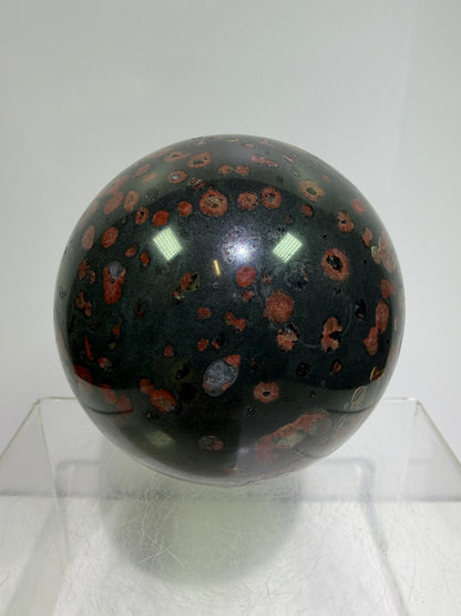 Plum Blossom Jade Sphere: 72mm. Gorgeous Large Display Sphere. Beautiful Color Contrast
