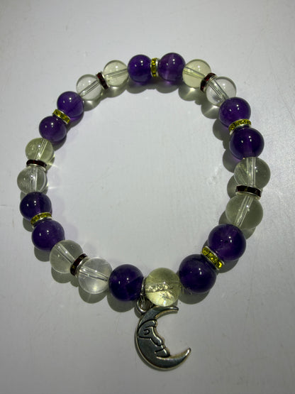 Amethyst And Citrine Crystal Bead Bracelet. 8mm. High Quality Bracelet With Amazing Spacers And Moon Charm.