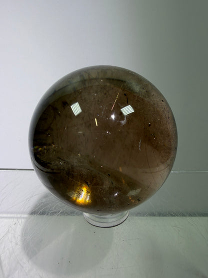 Rutile Quartz Sphere. 46mm. Unique Smoky Quartz With Stunning Golden Rutile Inclusions.