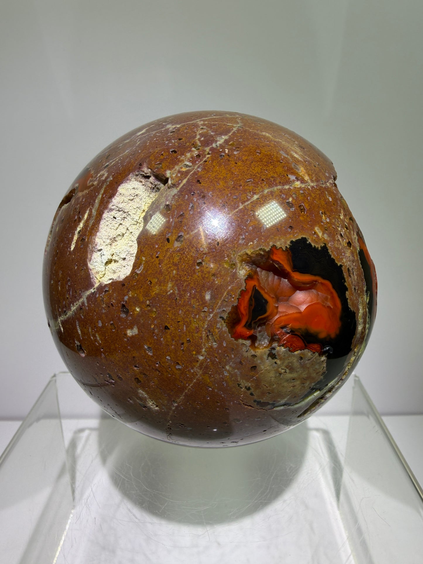 Red Fox Agate Sphere. 89mm. Large Druzy Crater Agate From Argentina. Stunning Rare Botryoidal Nodules