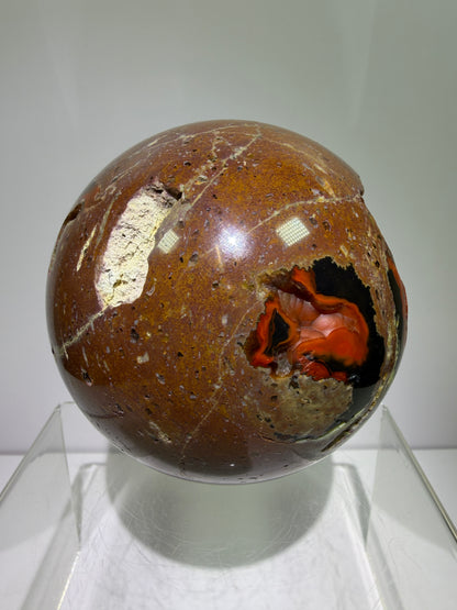 Red Fox Agate Sphere. 89mm. Large Druzy Crater Agate From Argentina. Stunning Rare Botryoidal Nodules