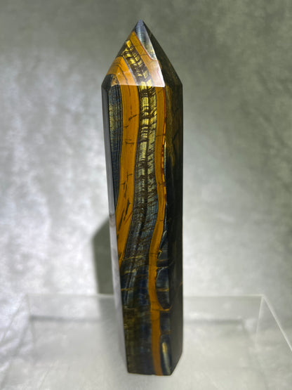 Blue Tigers Eye Tower. 5.85 Inches. Amazing Large Hawks Eye Crystal. Gorgeous Display Tower