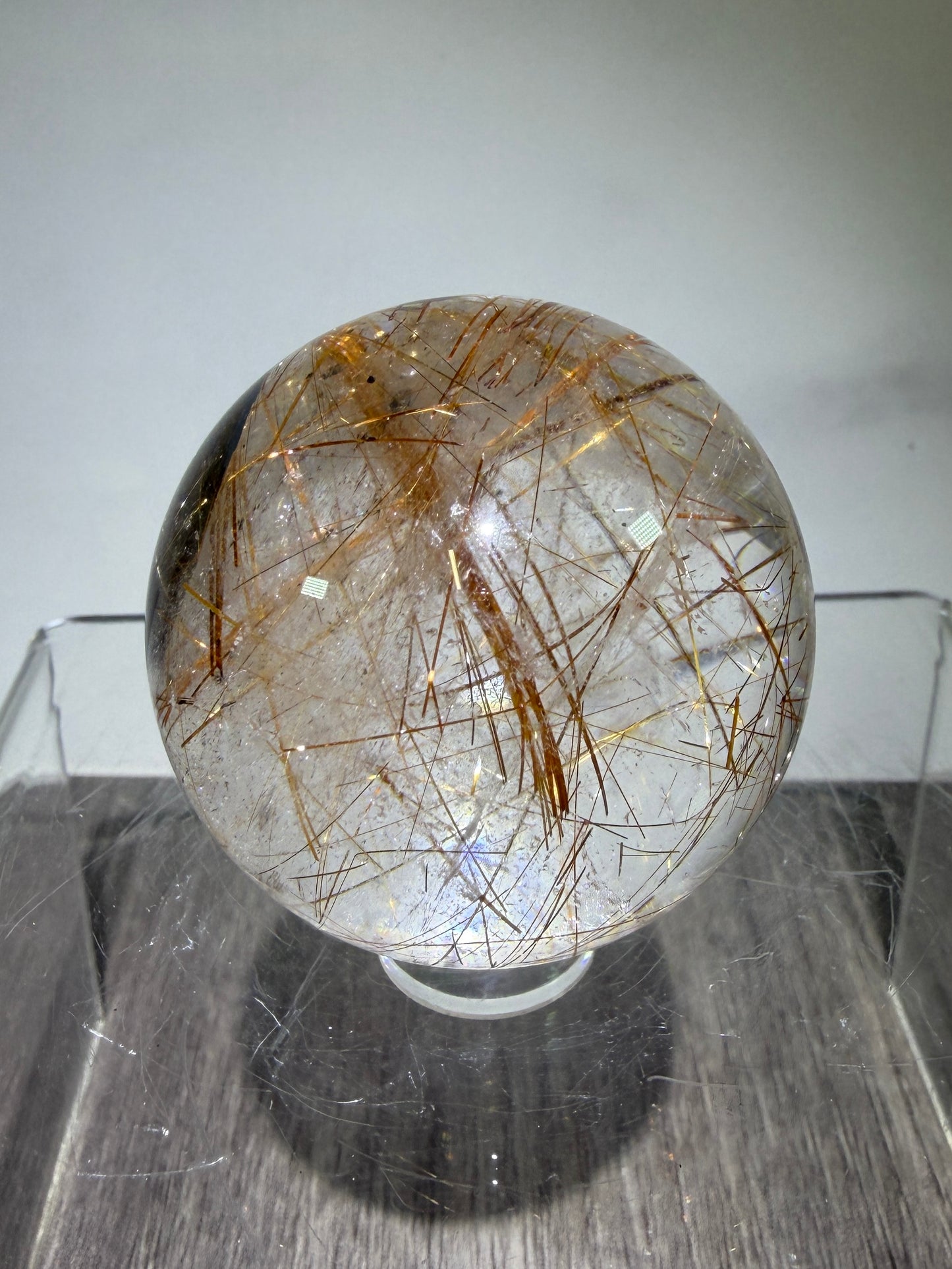 Copper Rutile Quartz Sphere. Stunning Hematite Slab And Rutile Inclusions. Amazing Rare Display Sphere