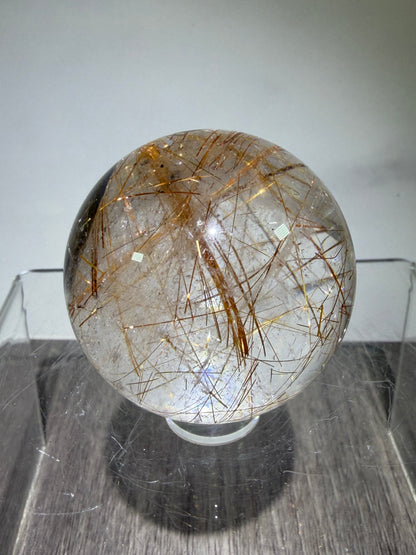 Copper Rutile Quartz Sphere. Stunning Hematite Slab And Rutile Inclusions. Amazing Rare Display Sphere