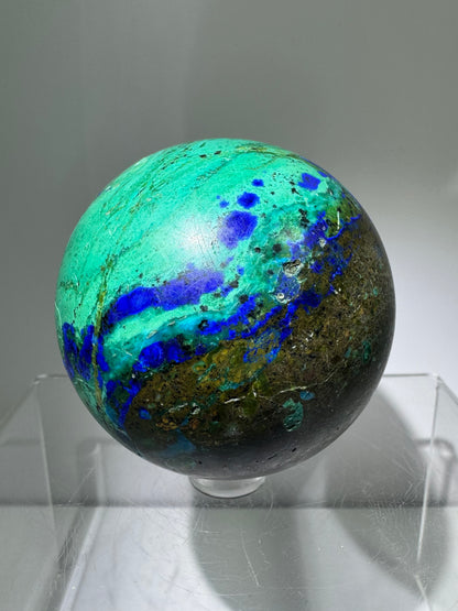Azurite and Malachite Crystal Sphere. 61mm. Beautiful Deep Colors And Patterns. Stunning Rare Display Piece!