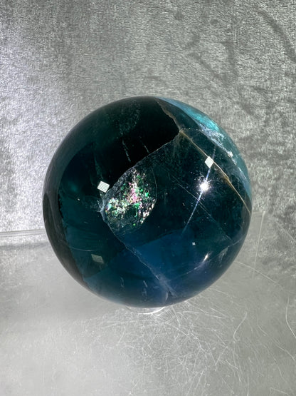 Blue Fluorite Sphere. 61mm. Gorgeous Rare Blue Fluorite. Amazing Dendritic And Rainbow Inclusions.