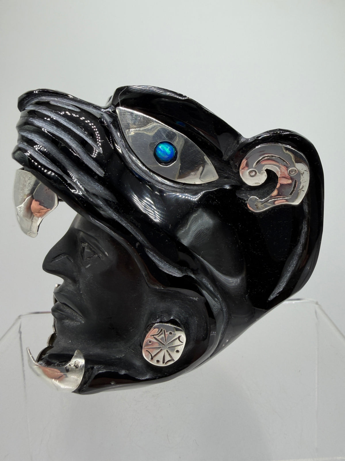Carved Jaguar Warrior Head. Gorgeous Hand Carved Obsidian Aztec Art. One Of A Kind Obsidian, Silver, And Opal Collectors Item.