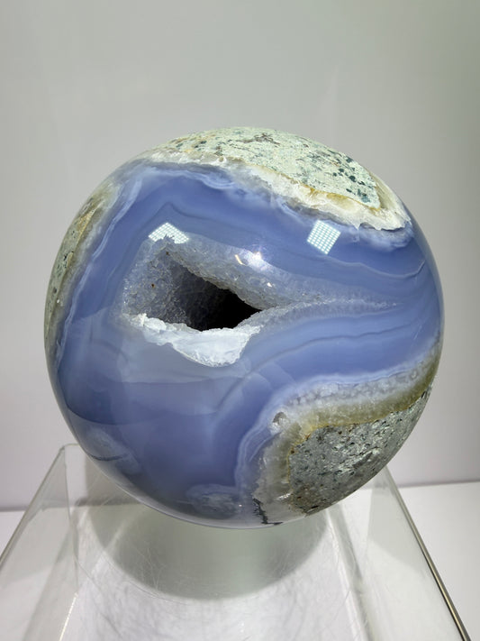 Blue Lace Agate Sphere 89mm – Large Druzy Blue Lace Agate Crystal, High Quality Collector’s Stone, Home Decor & Altar Display