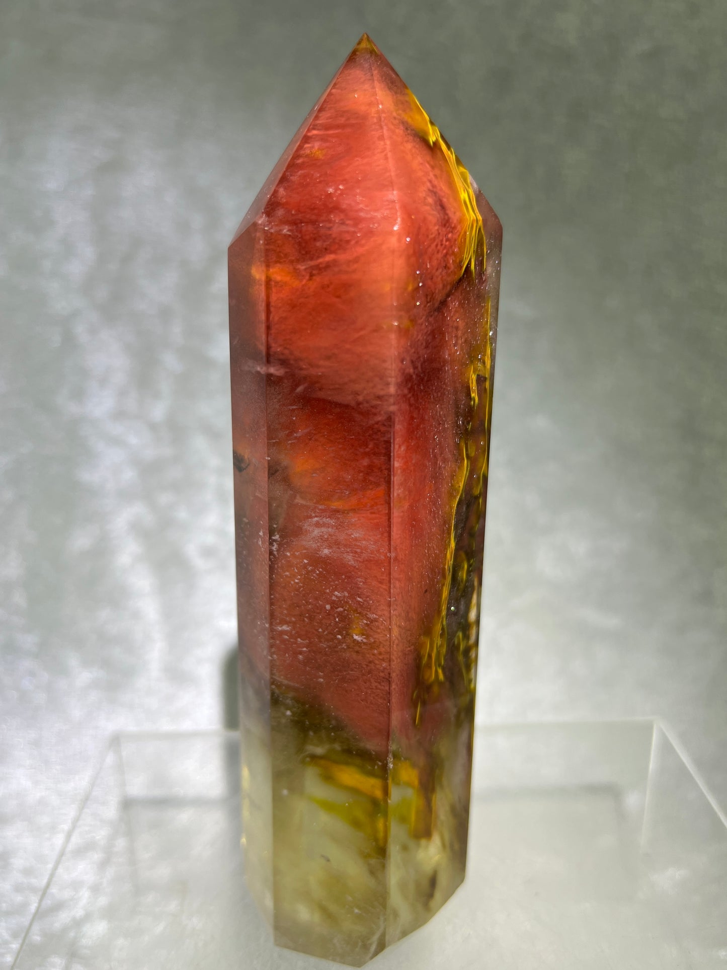 Smelting Quartz Tower. Gorgeous And Large Display Tower. Stunning Colors And Patterns. Incredible Red Tiger Skin Patterns.