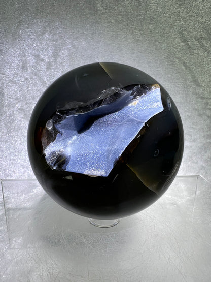 Volcano Agate Sphere. 71mm. Gorgeous Blue Druzy. Intense Green UV Reactive Sphere. Awesome Color Contrast.