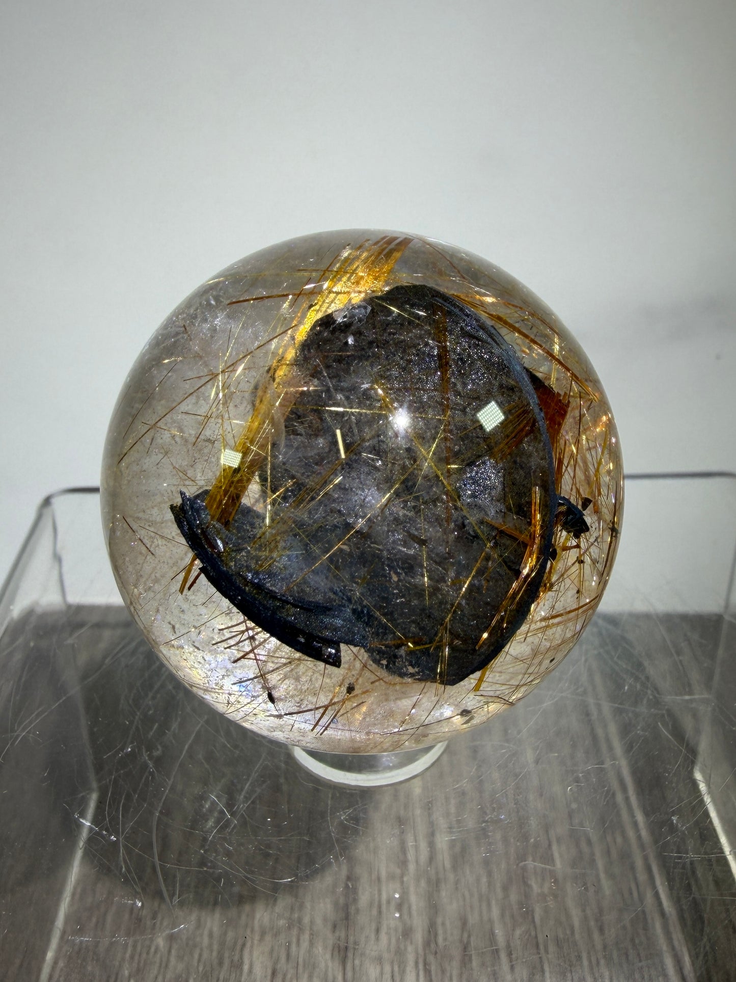 Copper Rutile Quartz Sphere. Stunning Hematite Slab And Rutile Inclusions. Amazing Rare Display Sphere