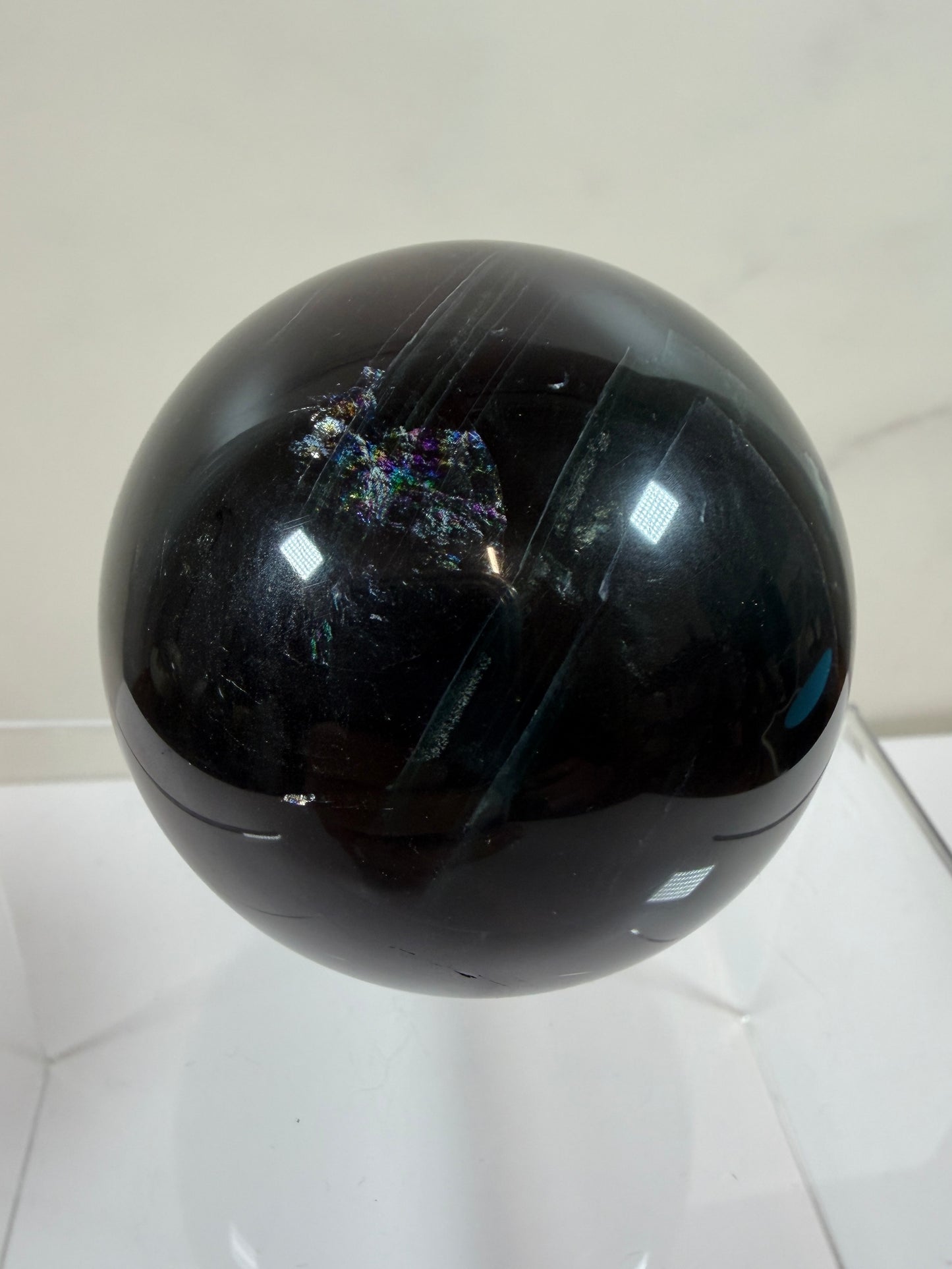 Black Rose Fluorite Sphere. 63mm. Incredible UV Reactive Crystal With Rainbows. Bright Red And Purple Reaction. Rare Display Sphere.