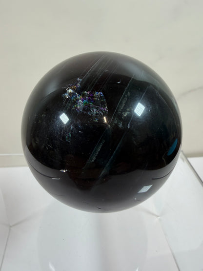 Black Rose Fluorite Sphere. 63mm. Incredible UV Reactive Crystal With Rainbows. Bright Red And Purple Reaction. Rare Display Sphere.