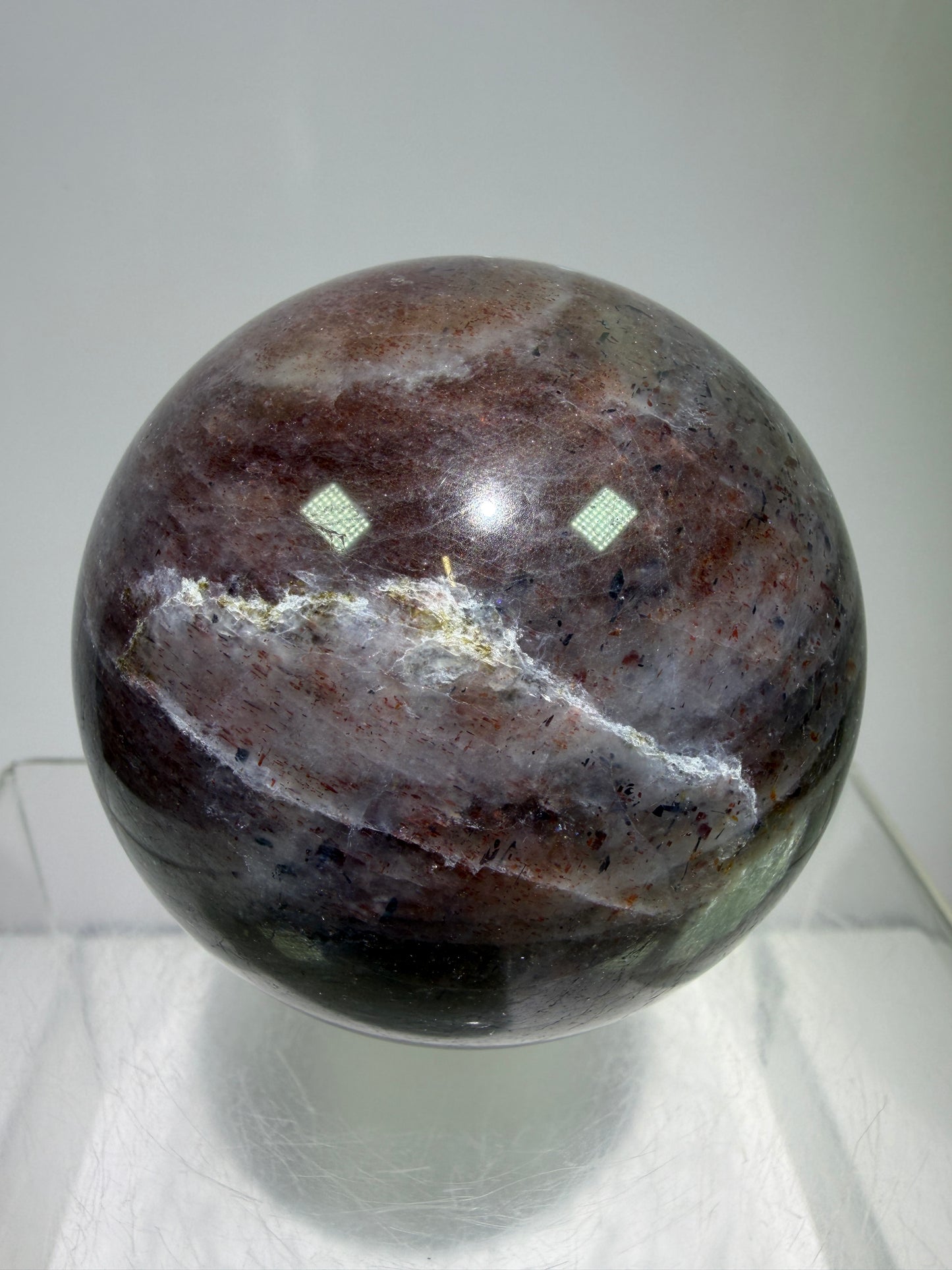 Bloodshot Iolite Sphere. 64mm. Stunning Galaxy Iolite Sunstone Display Sphere. Amazing And Colorful Flash!