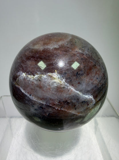 Bloodshot Iolite Sphere. 64mm. Stunning Galaxy Iolite Sunstone Display Sphere. Amazing And Colorful Flash!
