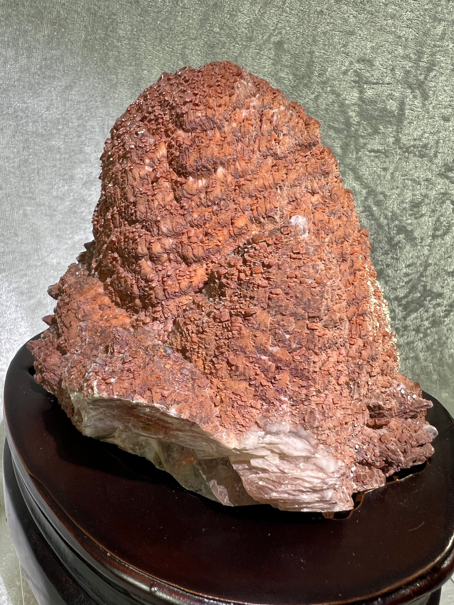 Red Pagoda Calcite With Hematite Inclusions. 5.3 lbs. Stunning Large Flashy Calcite Display Specimen. Includes Custom Wooden Stand