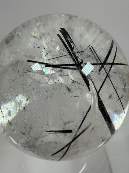 Black Tourmaline Quartz Sphere. 60mm. Massive Rare Rainbows. Gorgeous Black Rutile Sphere. Tourmalinated Quartz Display Crystal