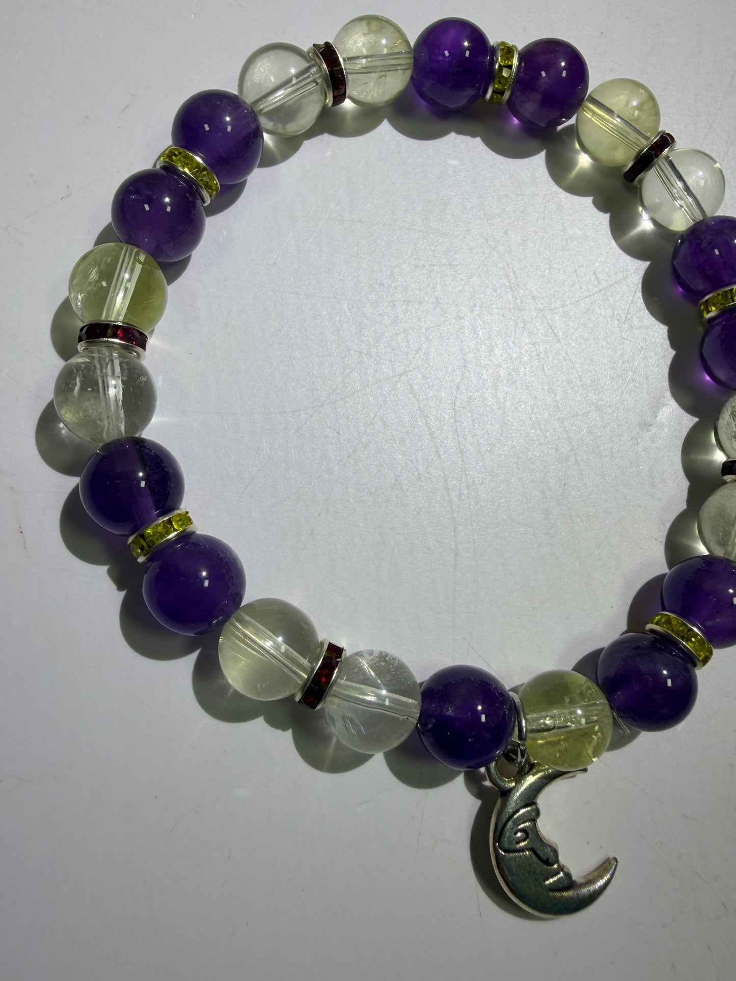 Amethyst And Citrine Crystal Bead Bracelet. 8mm. High Quality Bracelet With Amazing Spacers And Moon Charm.