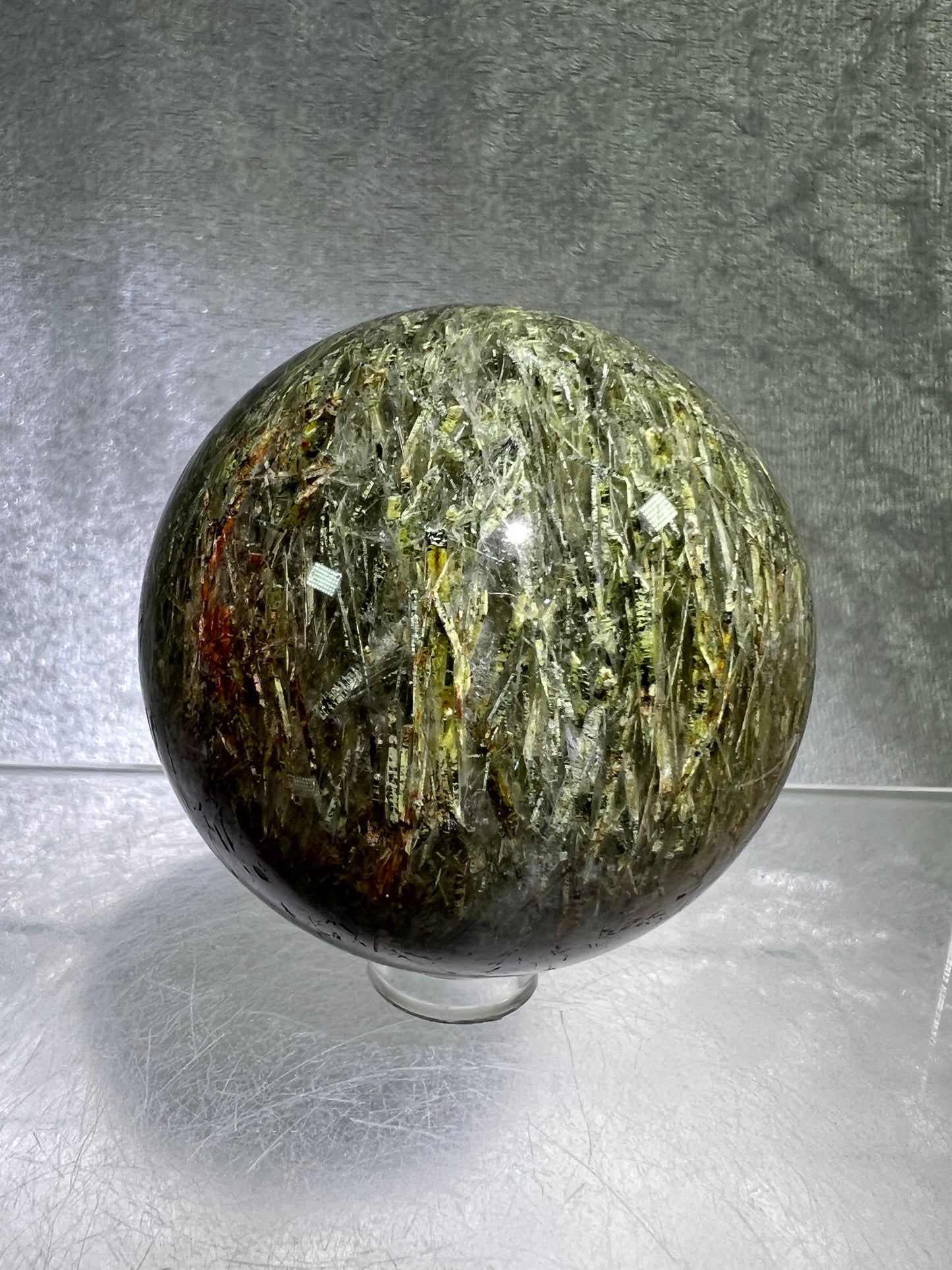 Tourmalinated Quartz Sphere. 57mm. Gorgeous Green And Red Tourmaline Inclusions. High Quality Rare Display Sphere.