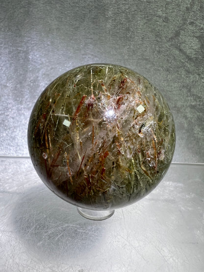 Tourmalinated Quartz Sphere. 56mm. Amazing Green And Red Tourmaline Inclusions. Stunning Rare Display Sphere.