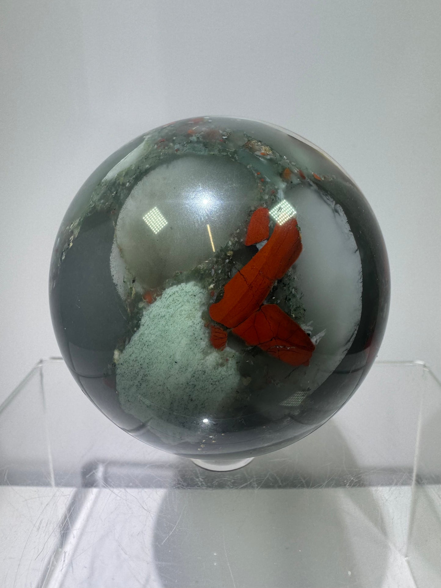 African Bloodstone Sphere From Swaziland. 66mm. Gorgeous Pyrite And Red Jasper Inclusions With Crazy Mosaic Patterns And Colors.