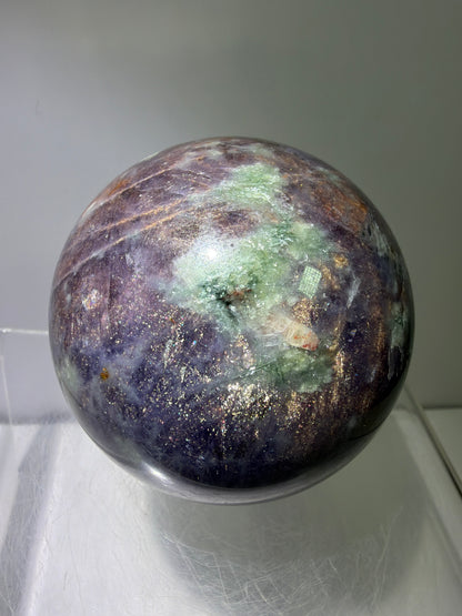 Bloodshot Iolite Sphere. 67mm. Rare Galaxy Iolite Sunstone Display Sphere. Amazing And Colorful Flash!