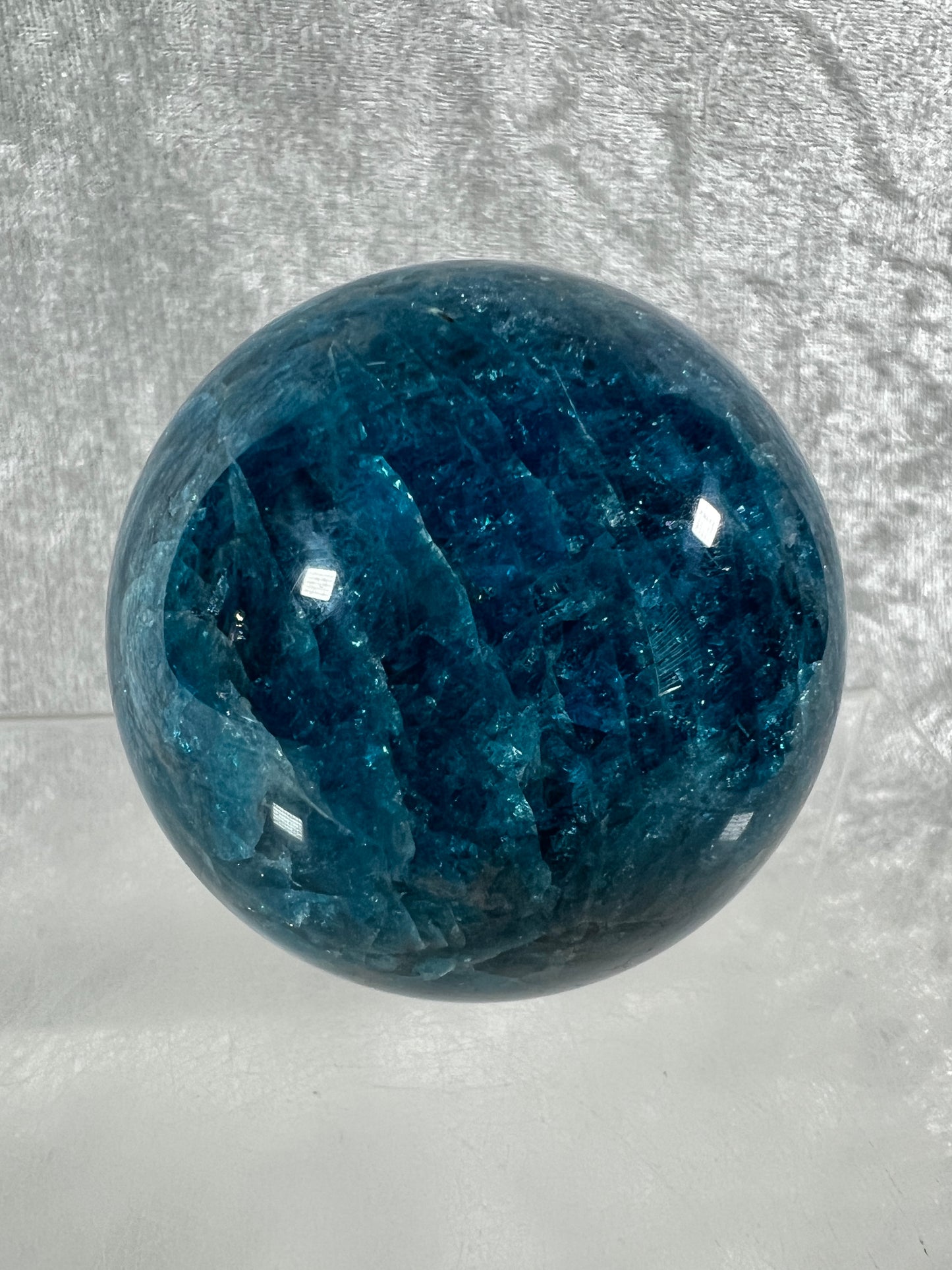 Blue Apatite Crystal Sphere. 60mm. Gorgeous Deep Blue With Lots Of Iridescent Flash. High Quality Display Sphere
