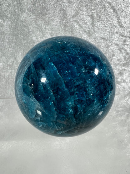 Blue Apatite Crystal Sphere. 60mm. Gorgeous Deep Blue With Lots Of Iridescent Flash. High Quality Display Sphere